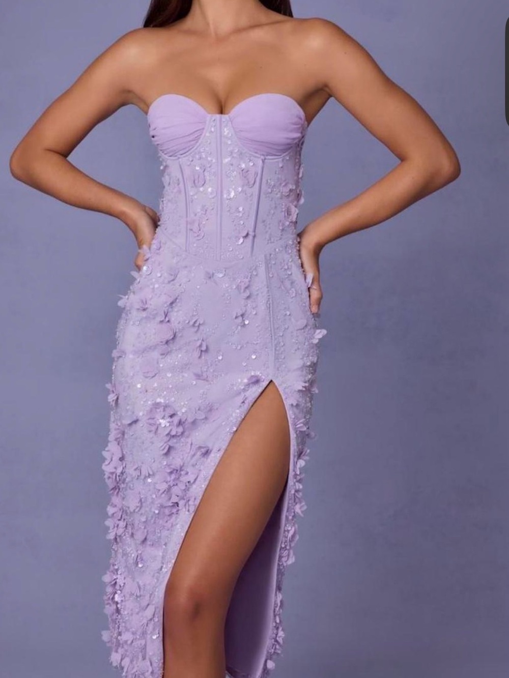 Oh Polly Lilac Lace-Up Corset Midaxi Dress Floral Appliqué Slit XS NWT